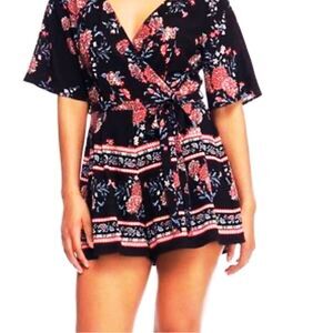 Black Floral Surplice Romper Shorts Strappy Summer Jumpsuit Small